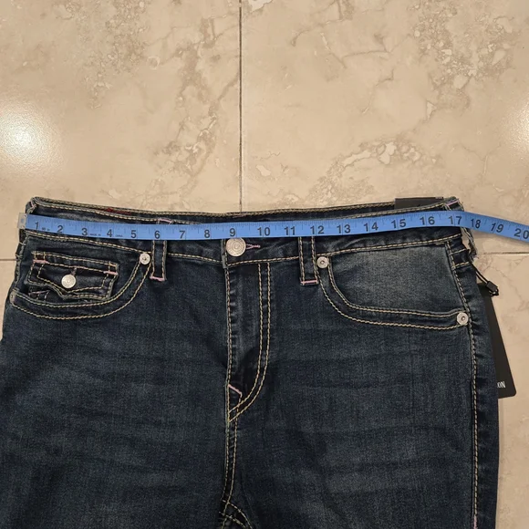 True Religion Women’s Jeans Joey Flap Flare Size 34 Y2K Blue Pink Thread Pockets - Picture 10 of 12